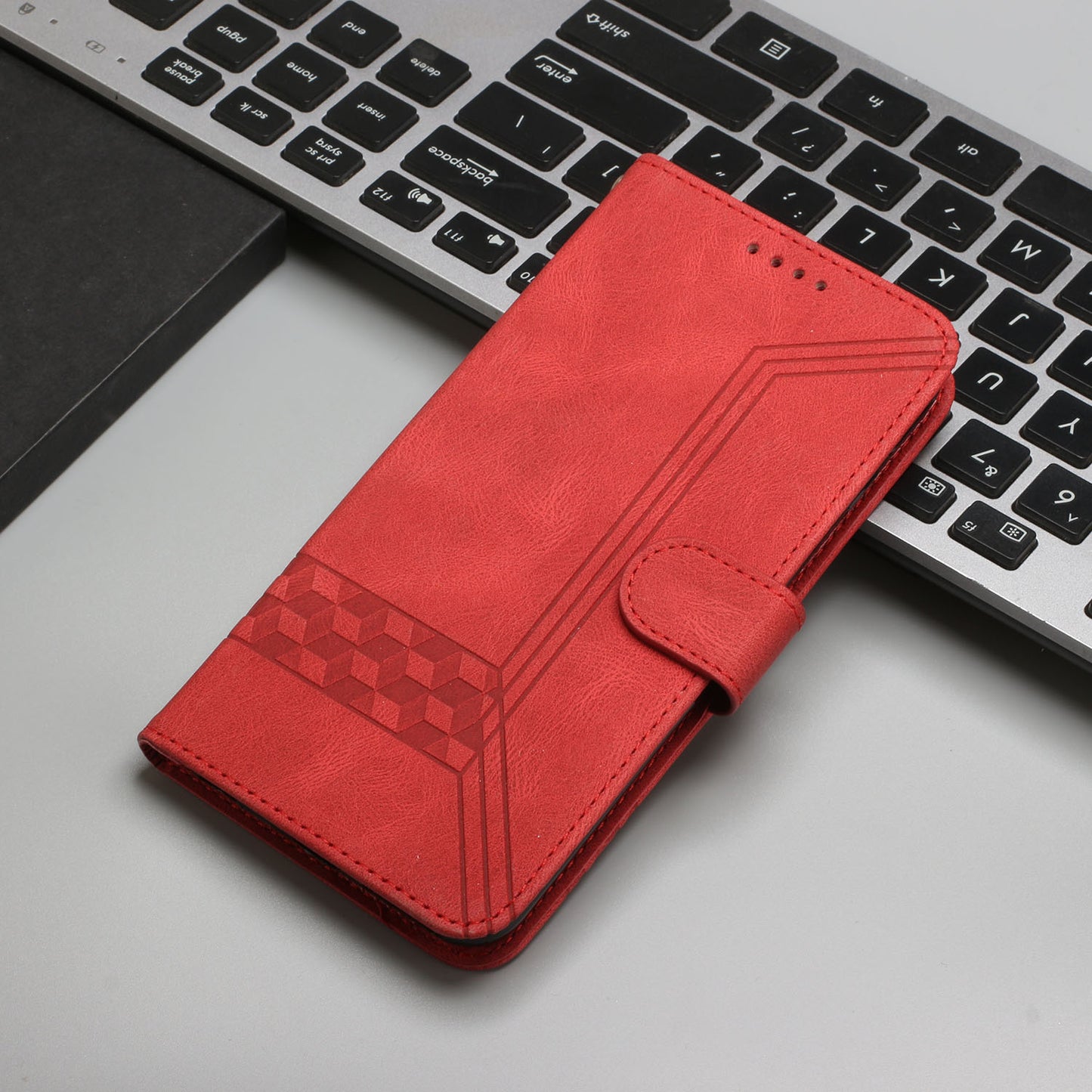 For iPhone 17 Phone Case with Strap Imprint PU Leather Wallet Stand Cover - Red