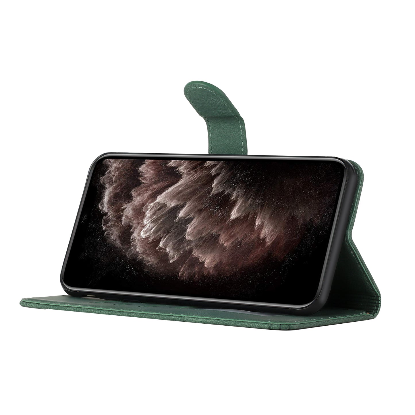 For iPhone 17 Phone Case with Strap Imprint PU Leather Wallet Stand Cover - Blackish Green