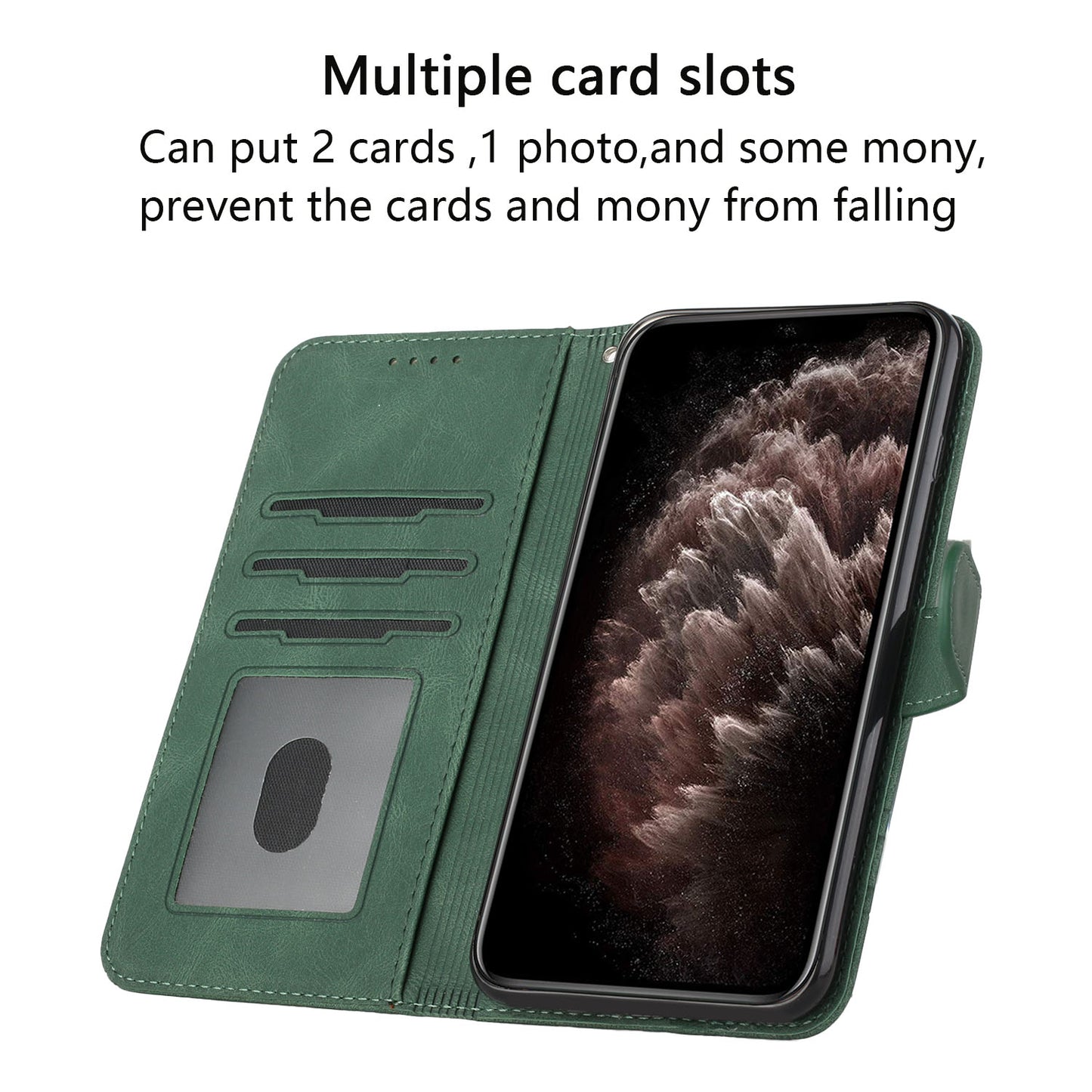 For iPhone 17 Phone Case with Strap Imprint PU Leather Wallet Stand Cover - Blackish Green