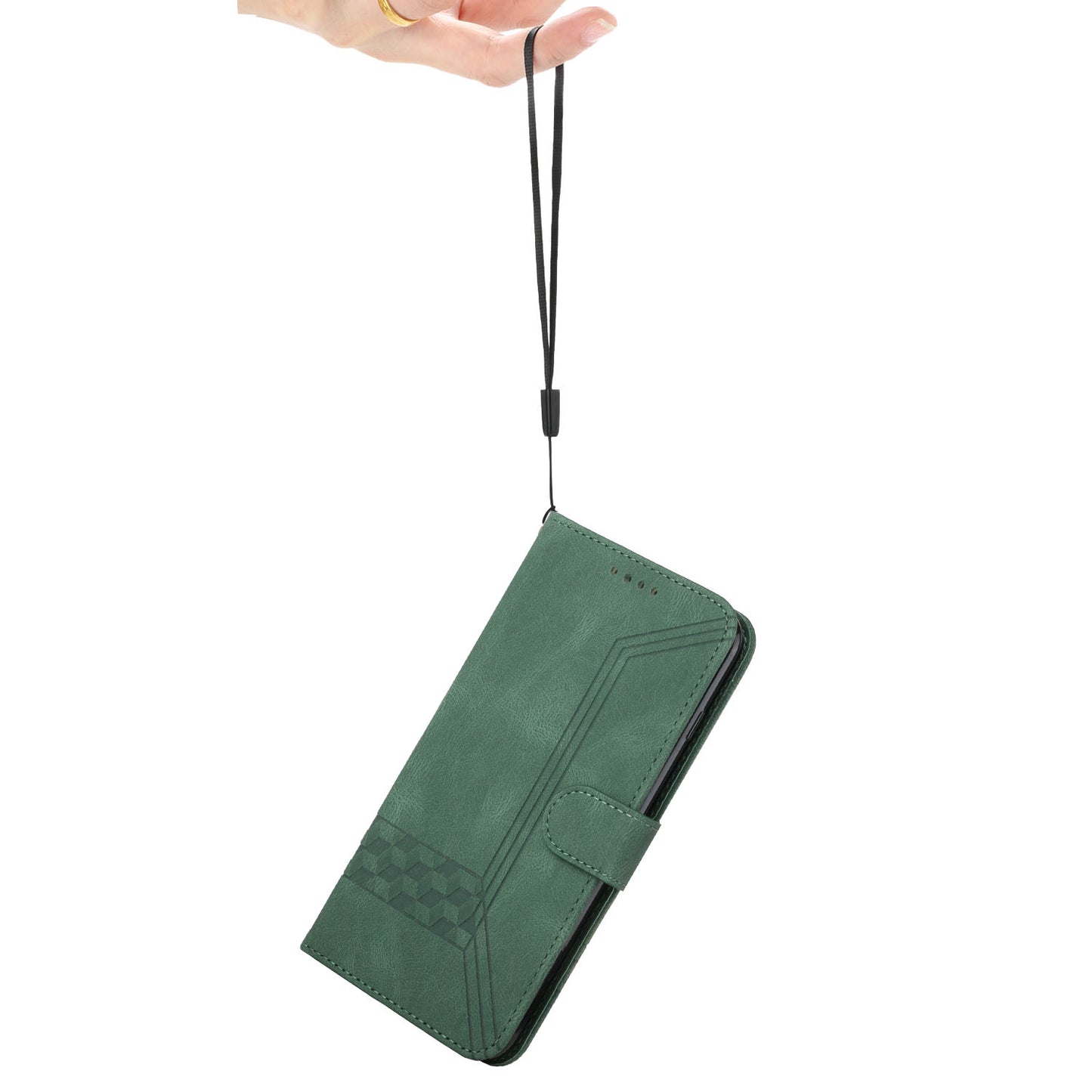 For iPhone 17 Phone Case with Strap Imprint PU Leather Wallet Stand Cover - Blackish Green