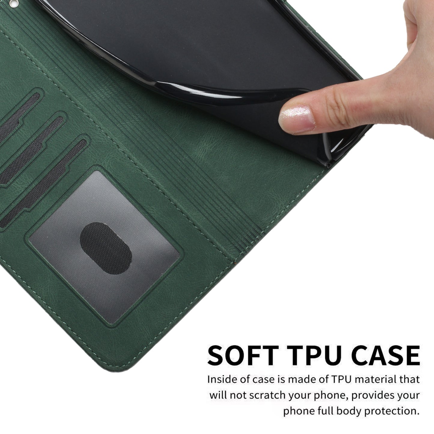 For iPhone 17 Phone Case with Strap Imprint PU Leather Wallet Stand Cover - Blackish Green