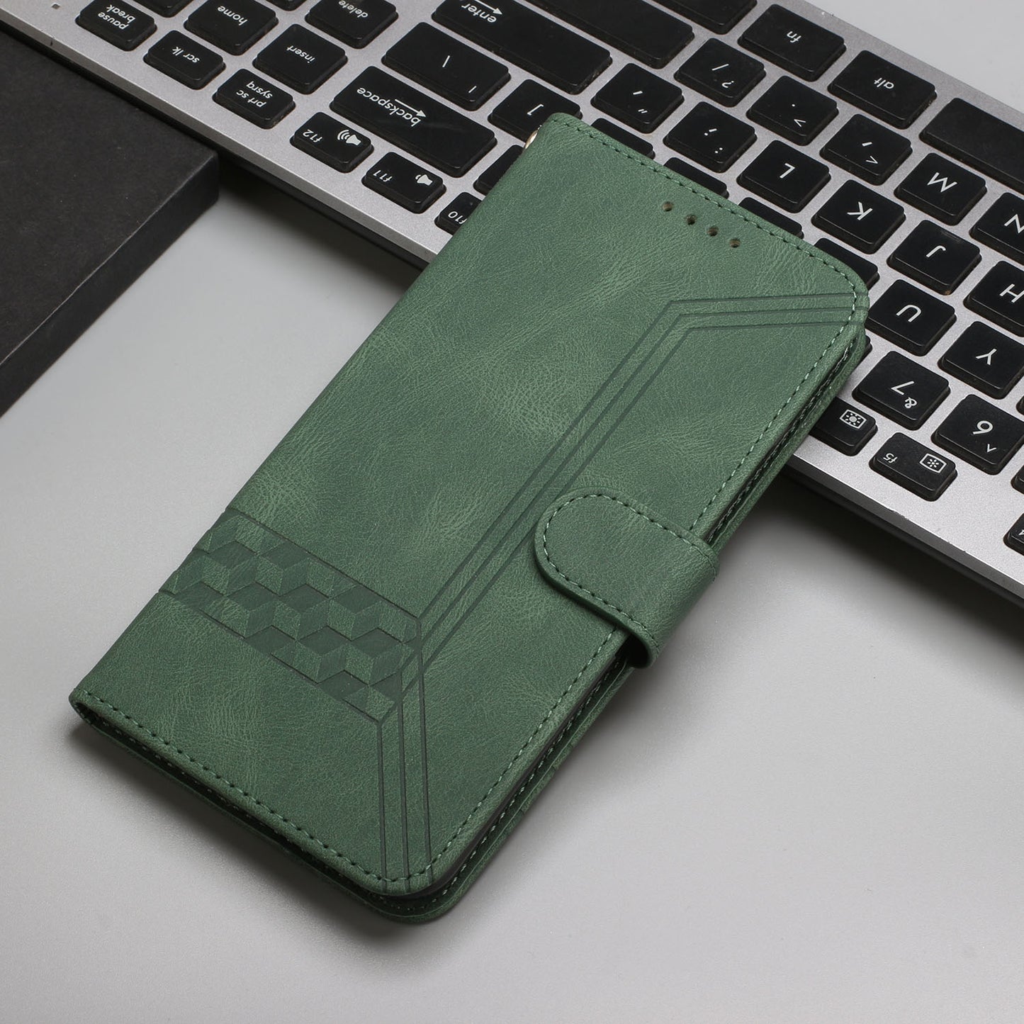 For iPhone 17 Phone Case with Strap Imprint PU Leather Wallet Stand Cover - Blackish Green