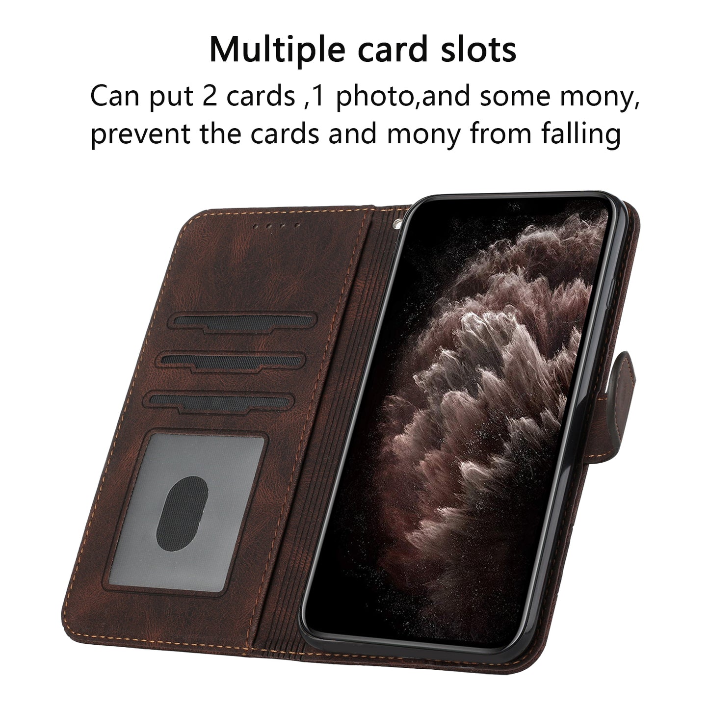 For iPhone 17 Phone Case with Strap Imprint PU Leather Wallet Stand Cover - Coffee