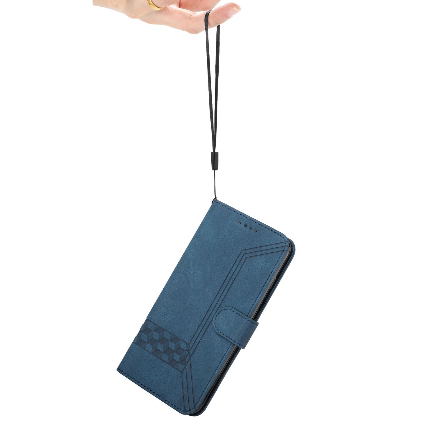 For iPhone 17 Phone Case with Strap Imprint PU Leather Wallet Stand Cover - Royal Blue