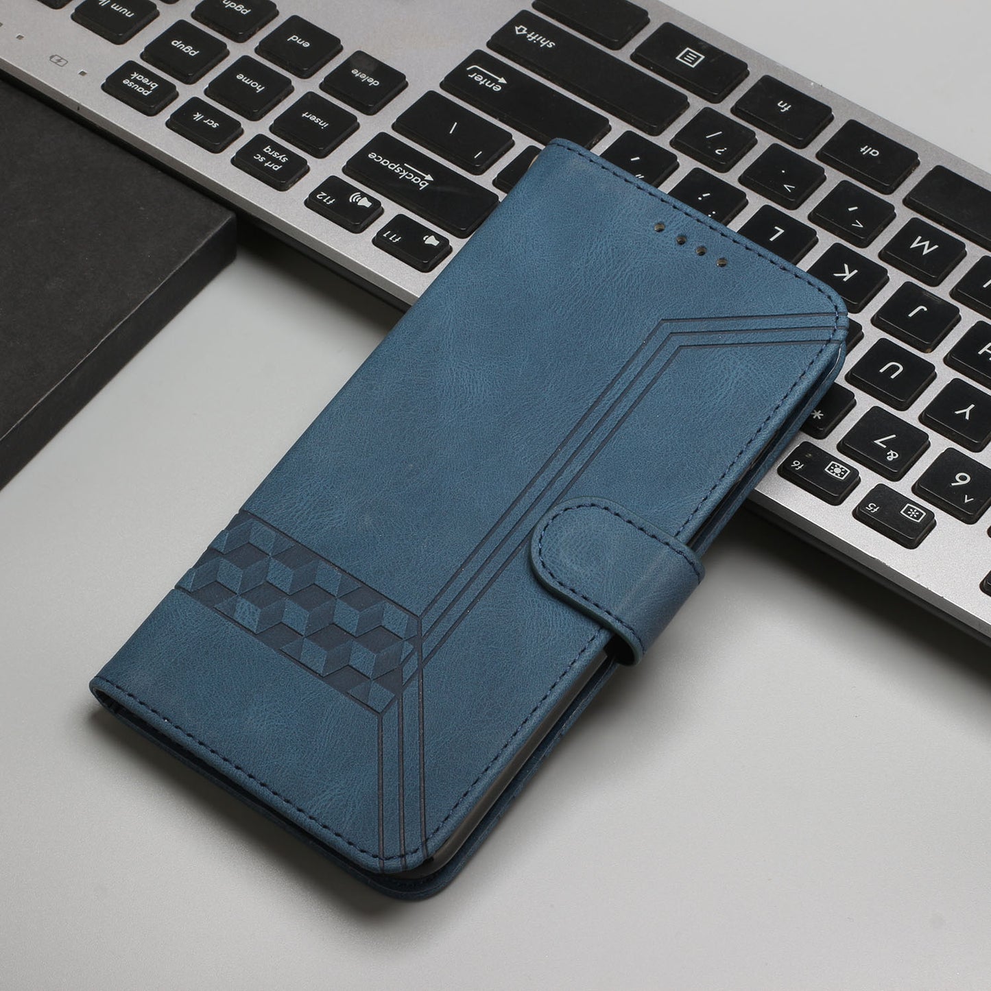For iPhone 17 Phone Case with Strap Imprint PU Leather Wallet Stand Cover - Royal Blue