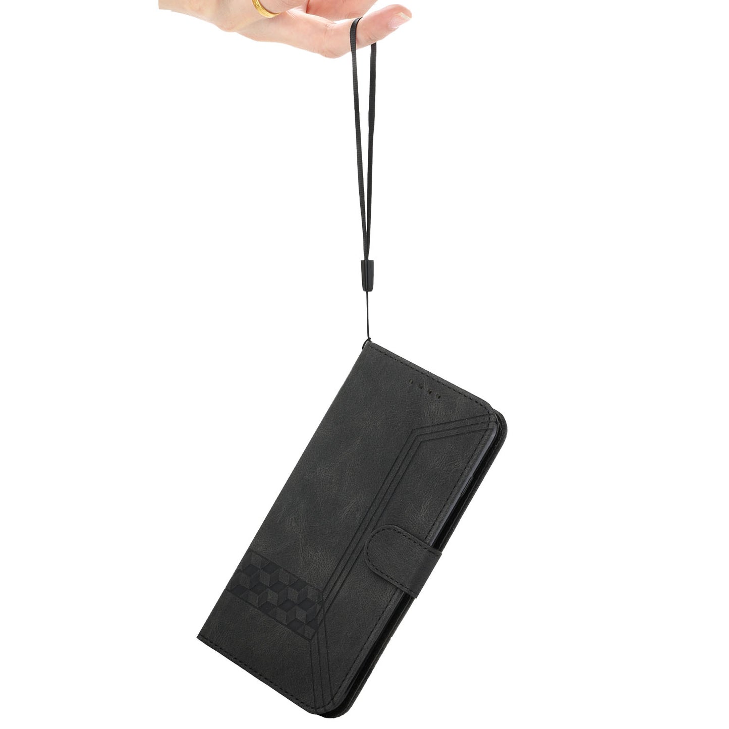 For iPhone 17 Phone Case with Strap Imprint PU Leather Wallet Stand Cover - Back