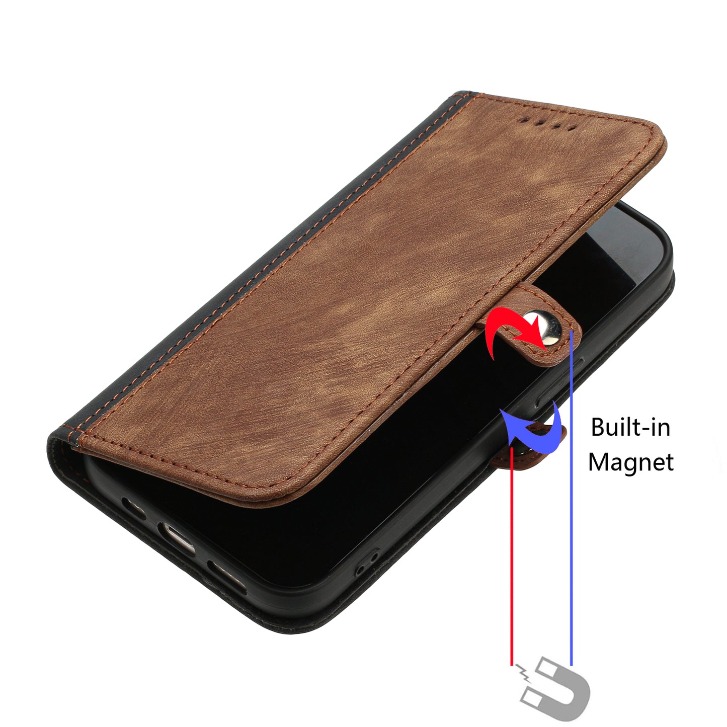 For iPhone 17 Pro PU Leather Case with Strap Phone Cover Stand Side Magnetic Button Design - Black+Coffee