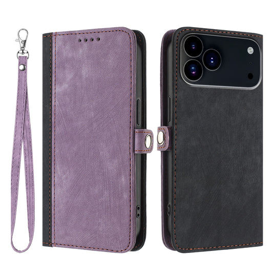 For iPhone 17 Pro PU Leather Case with Strap Phone Cover Stand Side Magnetic Button Design - Black+Purple