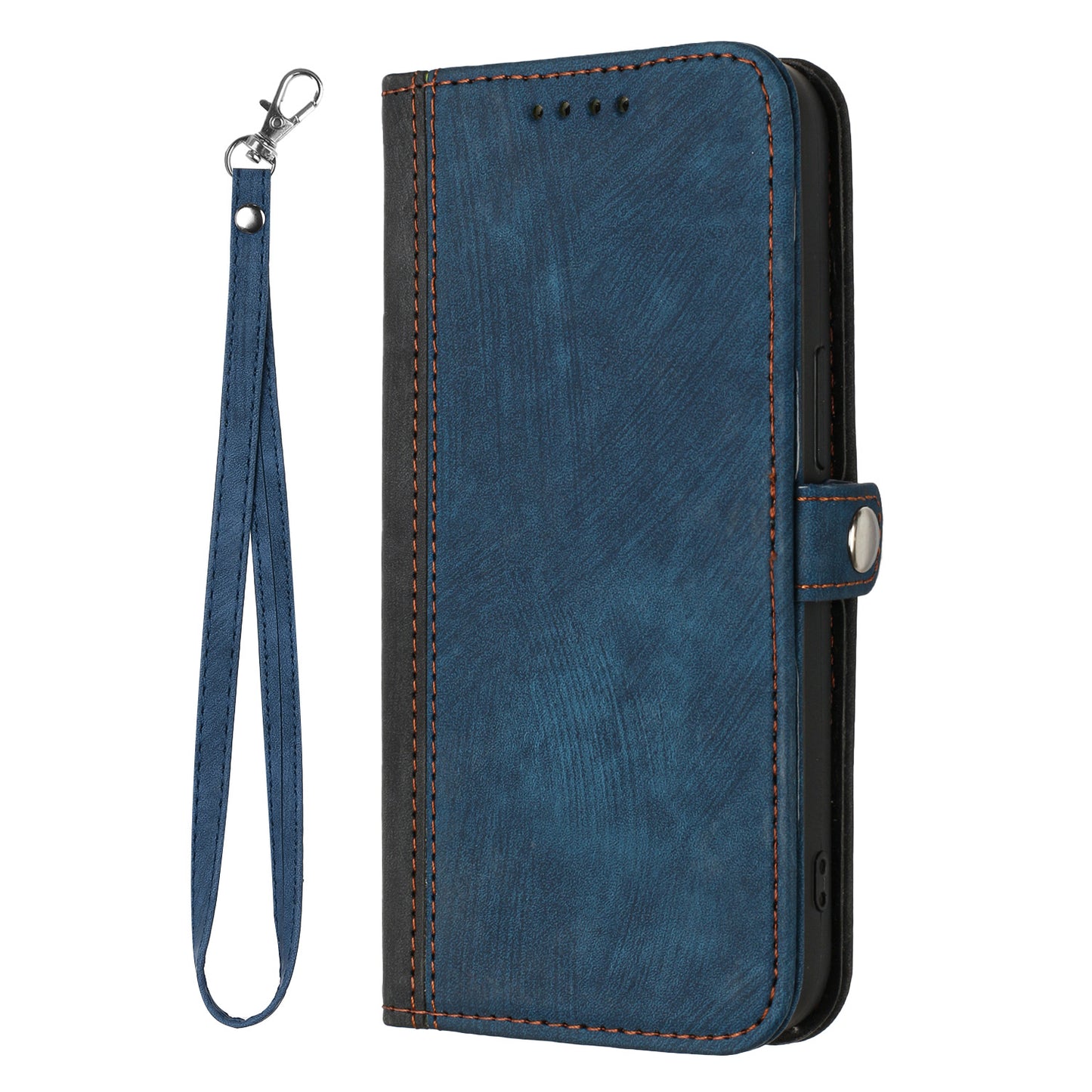 For iPhone 17 PU Leather Case with Strap Phone Cover Stand Side Magnetic Button Design - Black+Royal Blue