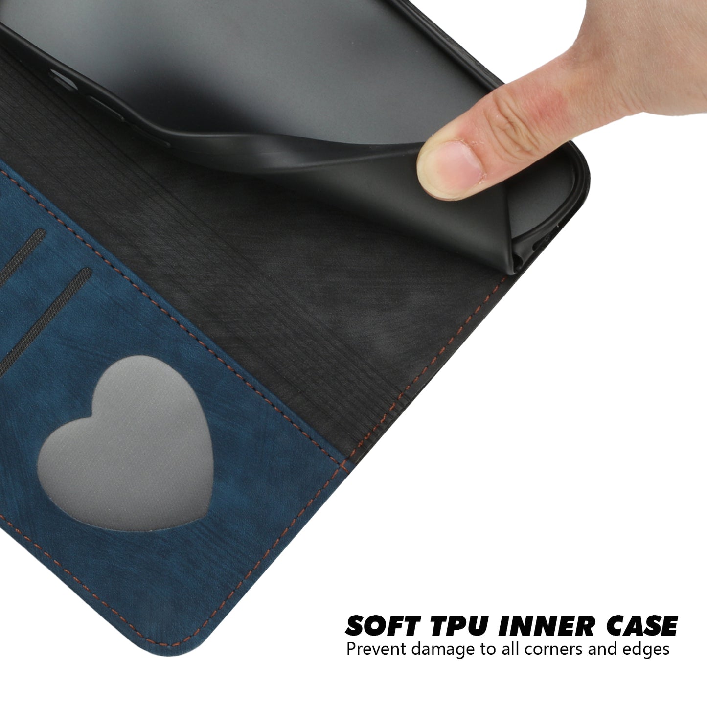 For iPhone 17 PU Leather Case with Strap Phone Cover Stand Side Magnetic Button Design - Black+Royal Blue