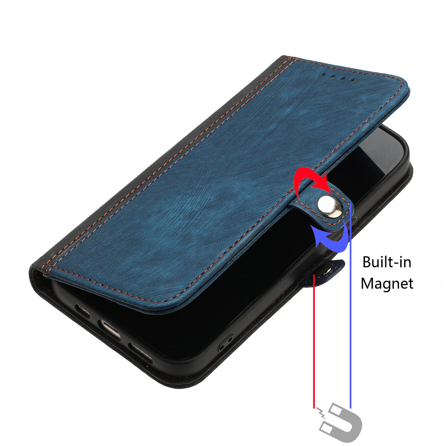 For iPhone 17 PU Leather Case with Strap Phone Cover Stand Side Magnetic Button Design - Black+Royal Blue
