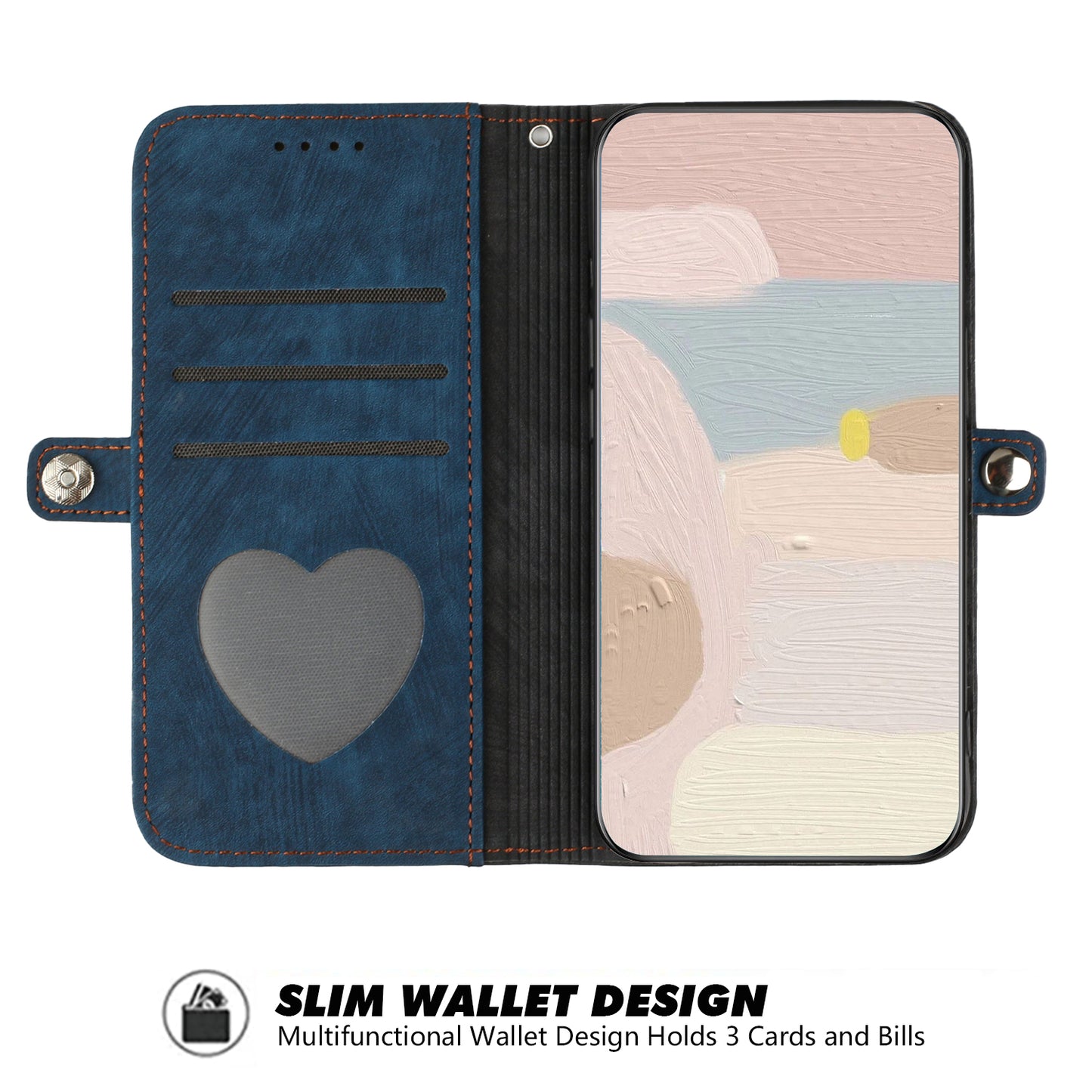 For iPhone 17 PU Leather Case with Strap Phone Cover Stand Side Magnetic Button Design - Black+Royal Blue
