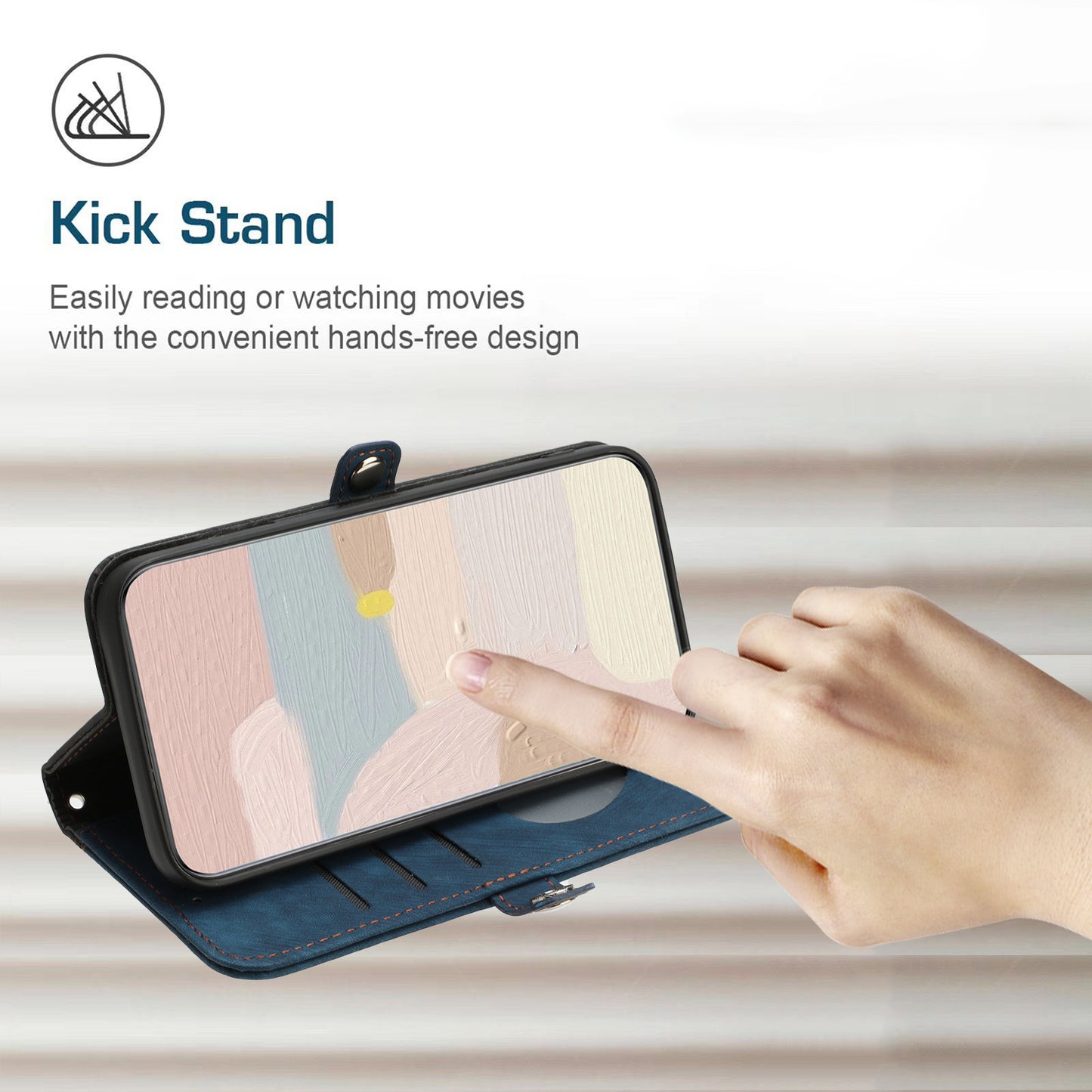 For iPhone 17 PU Leather Case with Strap Phone Cover Stand Side Magnetic Button Design - Black+Royal Blue