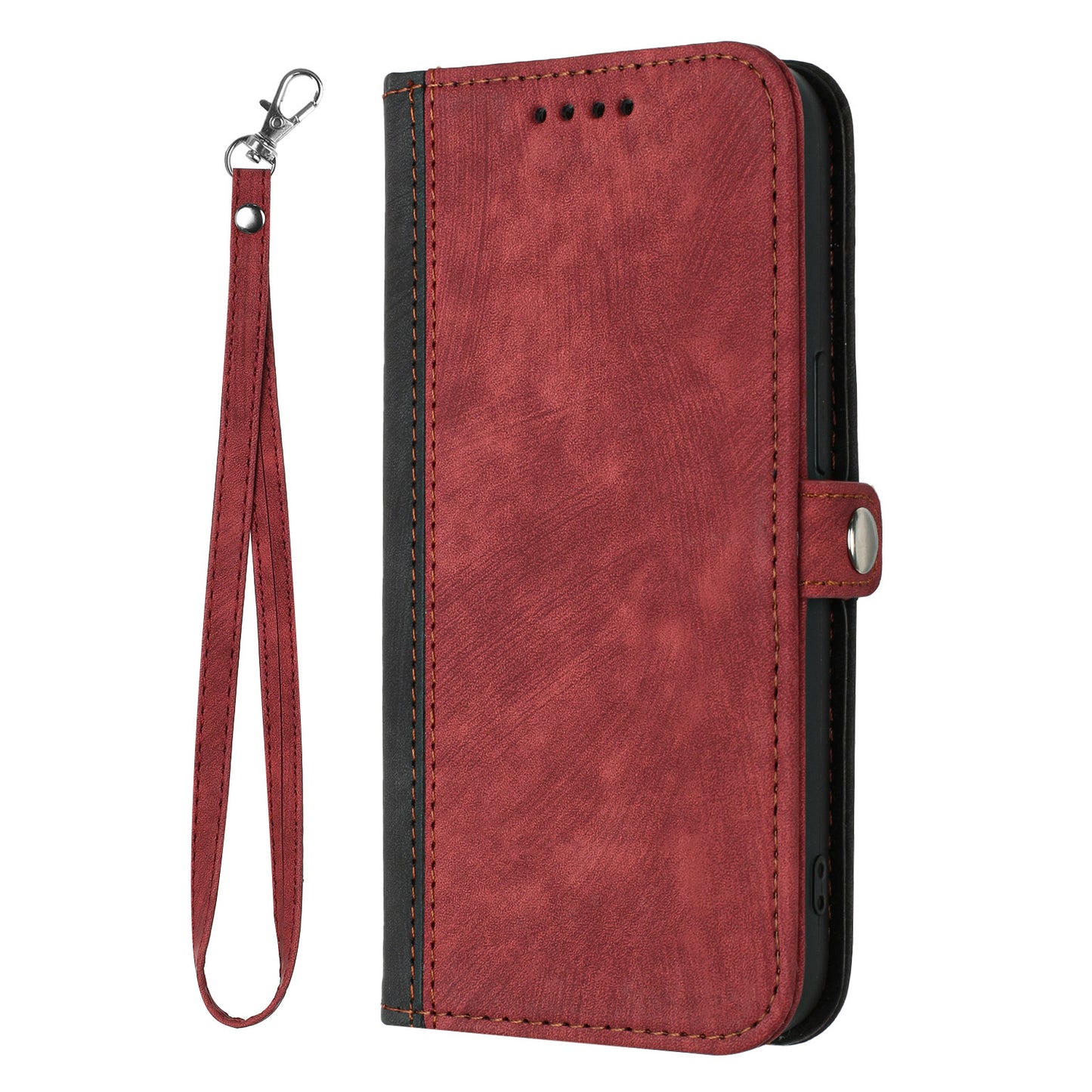 For iPhone 17 PU Leather Case with Strap Phone Cover Stand Side Magnetic Button Design - Black+Red