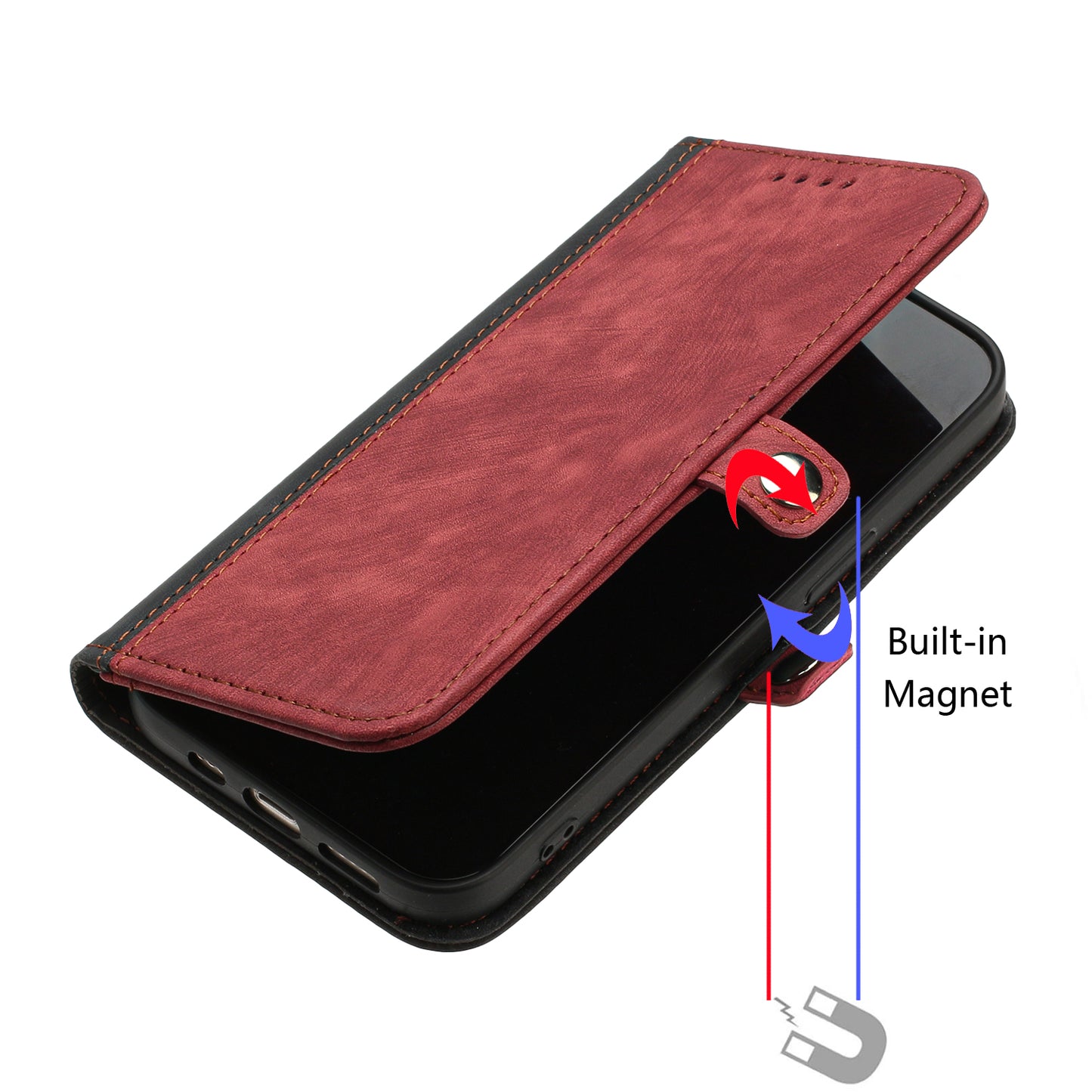 For iPhone 17 PU Leather Case with Strap Phone Cover Stand Side Magnetic Button Design - Black+Red