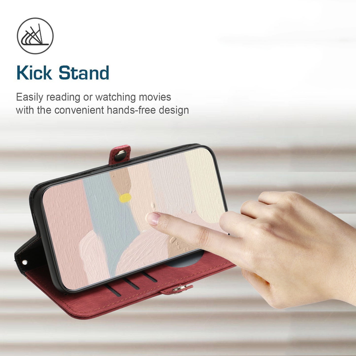 For iPhone 17 PU Leather Case with Strap Phone Cover Stand Side Magnetic Button Design - Black+Red