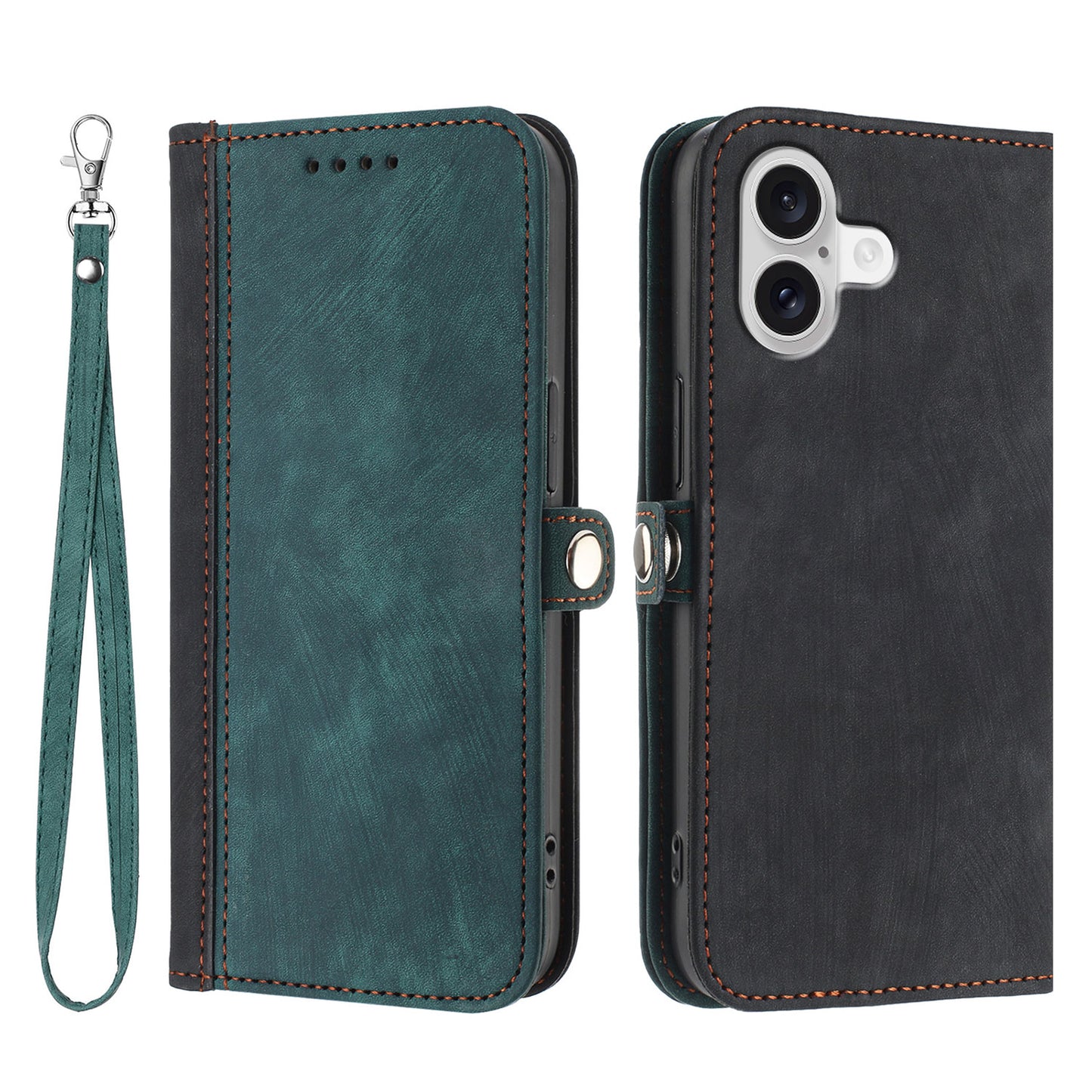For iPhone 17 PU Leather Case with Strap Phone Cover Stand Side Magnetic Button Design - Black+Dark Green