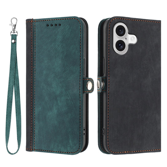 For iPhone 17 PU Leather Case with Strap Phone Cover Stand Side Magnetic Button Design - Black+Dark Green
