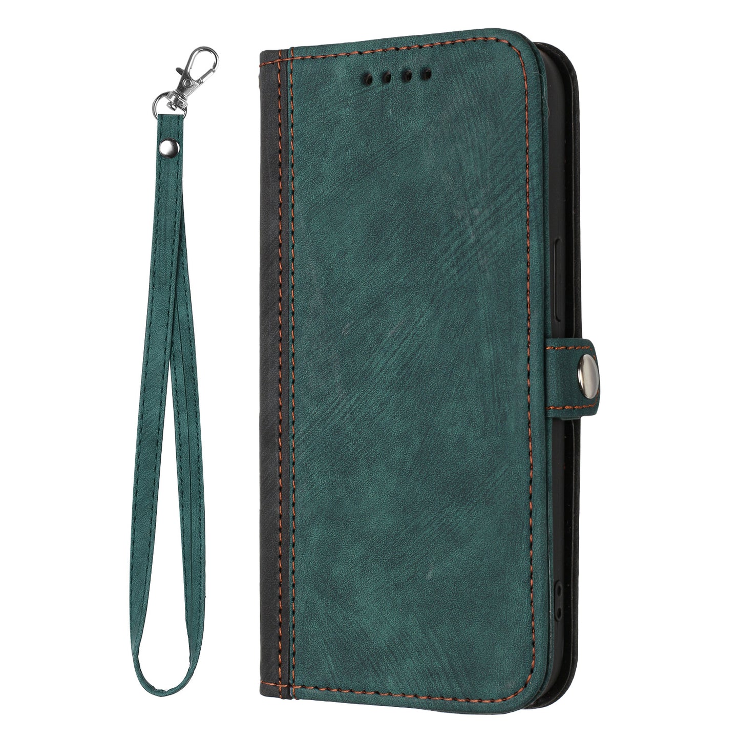 For iPhone 17 PU Leather Case with Strap Phone Cover Stand Side Magnetic Button Design - Black+Dark Green