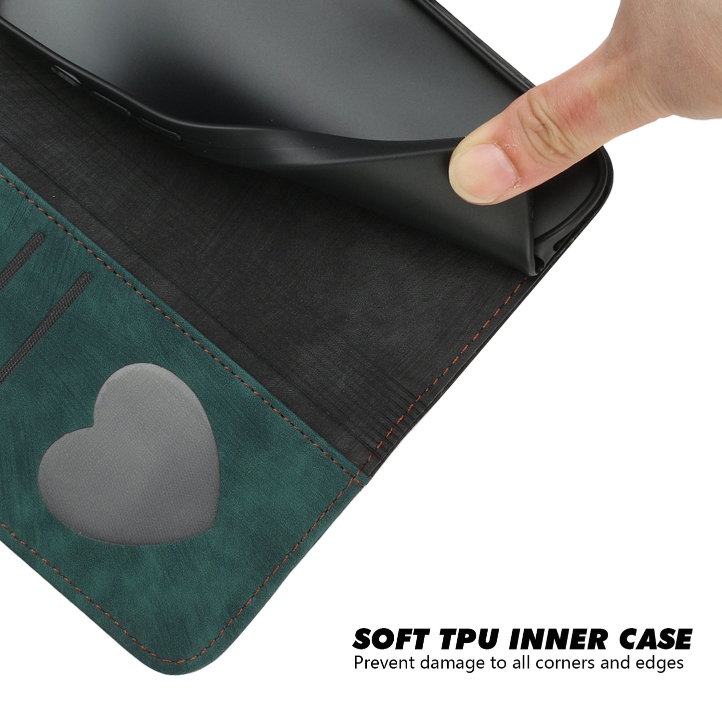 For iPhone 17 PU Leather Case with Strap Phone Cover Stand Side Magnetic Button Design - Black+Dark Green