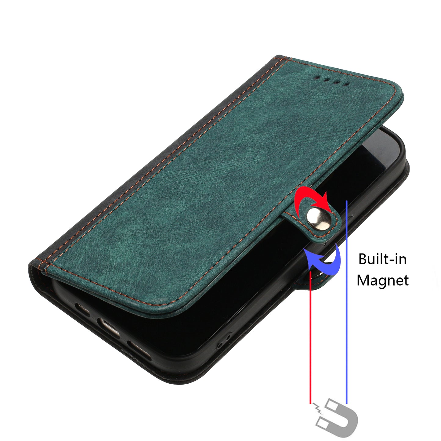 For iPhone 17 PU Leather Case with Strap Phone Cover Stand Side Magnetic Button Design - Black+Dark Green