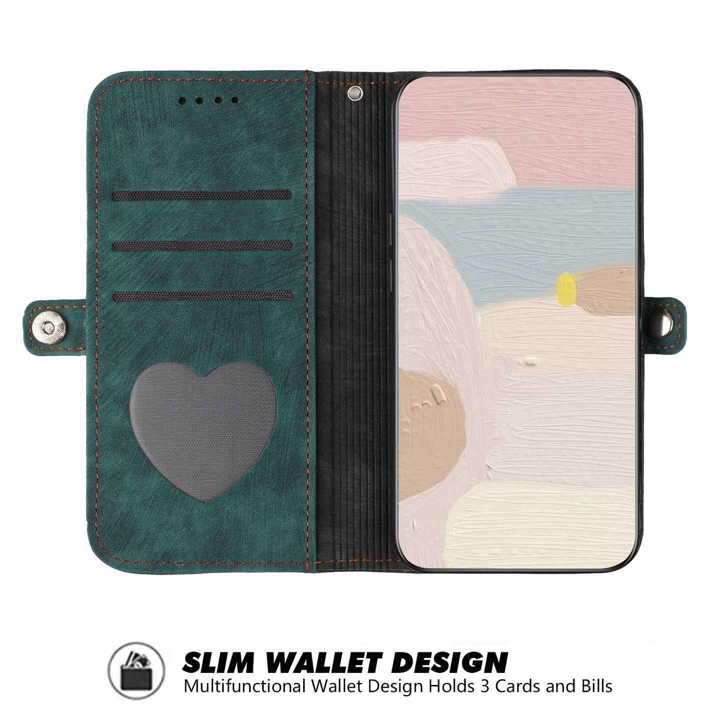 For iPhone 17 PU Leather Case with Strap Phone Cover Stand Side Magnetic Button Design - Black+Dark Green
