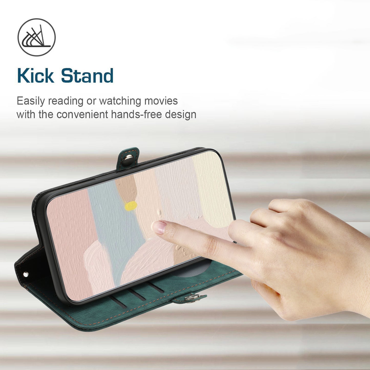 For iPhone 17 PU Leather Case with Strap Phone Cover Stand Side Magnetic Button Design - Black+Dark Green