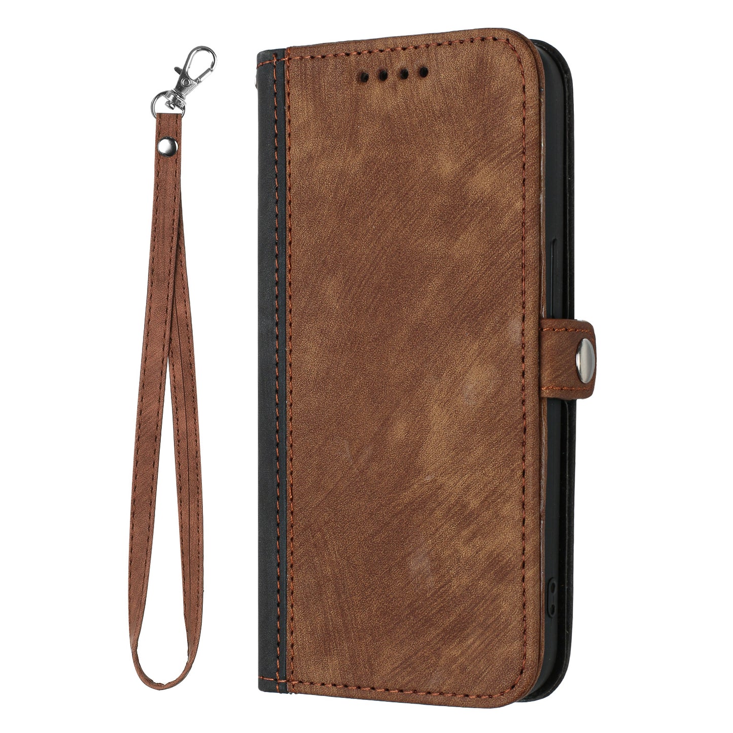 For iPhone 17 PU Leather Case with Strap Phone Cover Stand Side Magnetic Button Design - Black+Coffee