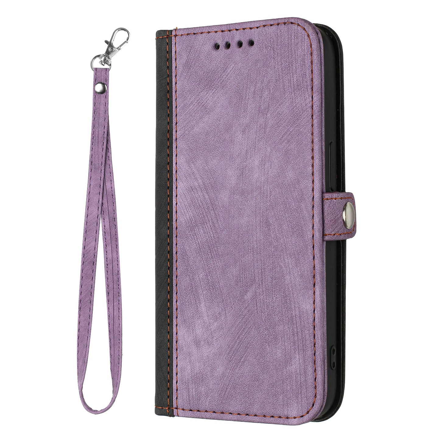 For iPhone 17 PU Leather Case with Strap Phone Cover Stand Side Magnetic Button Design - Black+Purple
