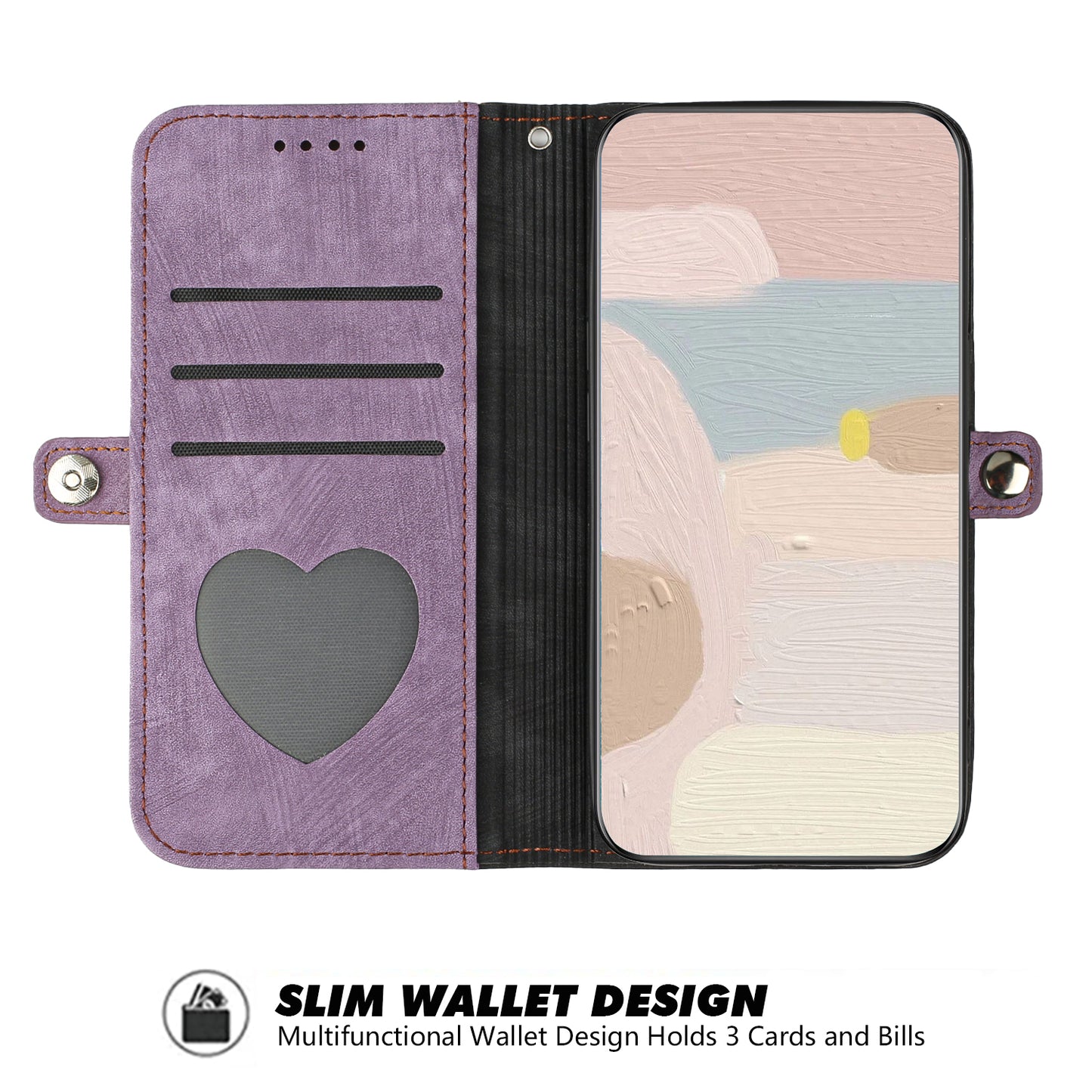 For iPhone 17 PU Leather Case with Strap Phone Cover Stand Side Magnetic Button Design - Black+Purple