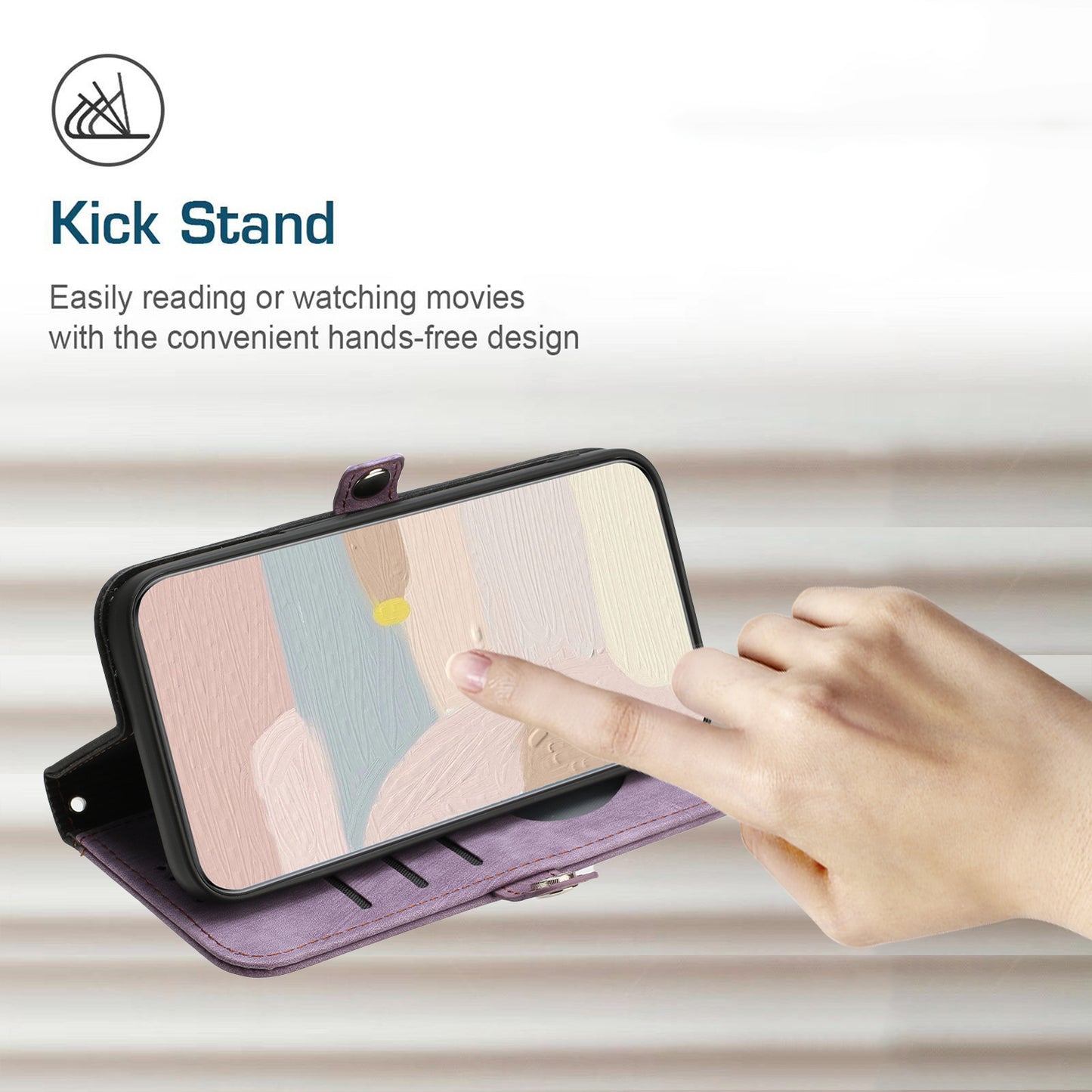 For iPhone 17 PU Leather Case with Strap Phone Cover Stand Side Magnetic Button Design - Black+Purple