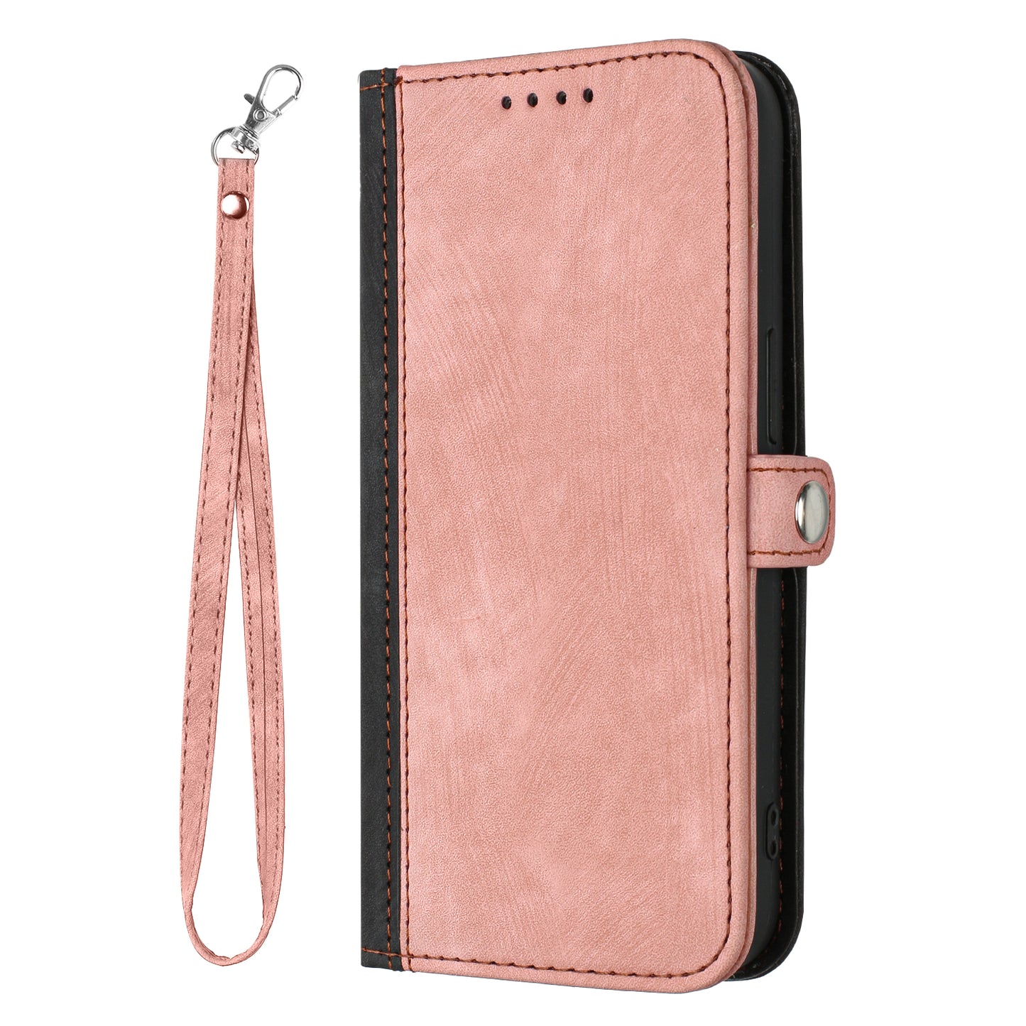 For iPhone 17 PU Leather Case with Strap Phone Cover Stand Side Magnetic Button Design - Black+Pink