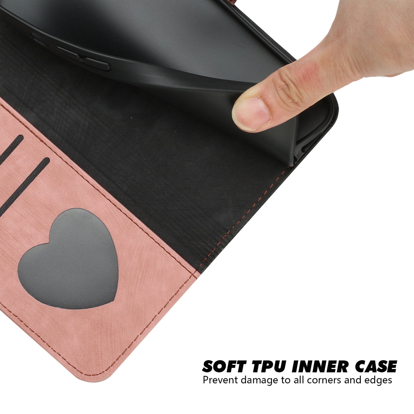 For iPhone 17 PU Leather Case with Strap Phone Cover Stand Side Magnetic Button Design - Black+Pink