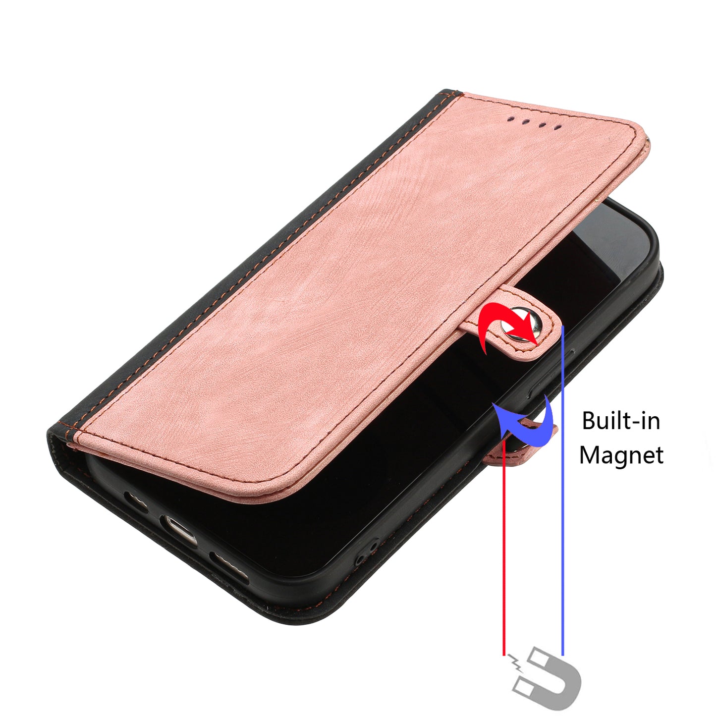 For iPhone 17 PU Leather Case with Strap Phone Cover Stand Side Magnetic Button Design - Black+Pink