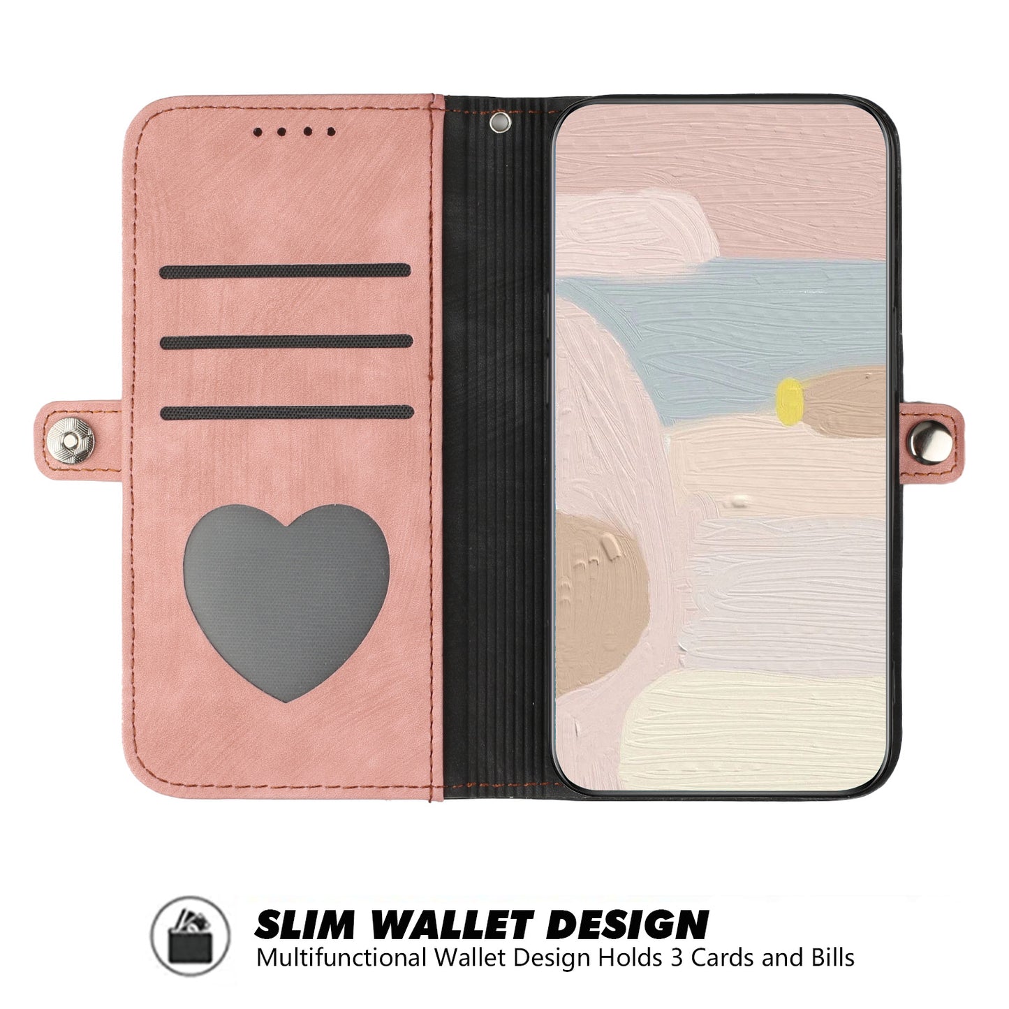 For iPhone 17 PU Leather Case with Strap Phone Cover Stand Side Magnetic Button Design - Black+Pink