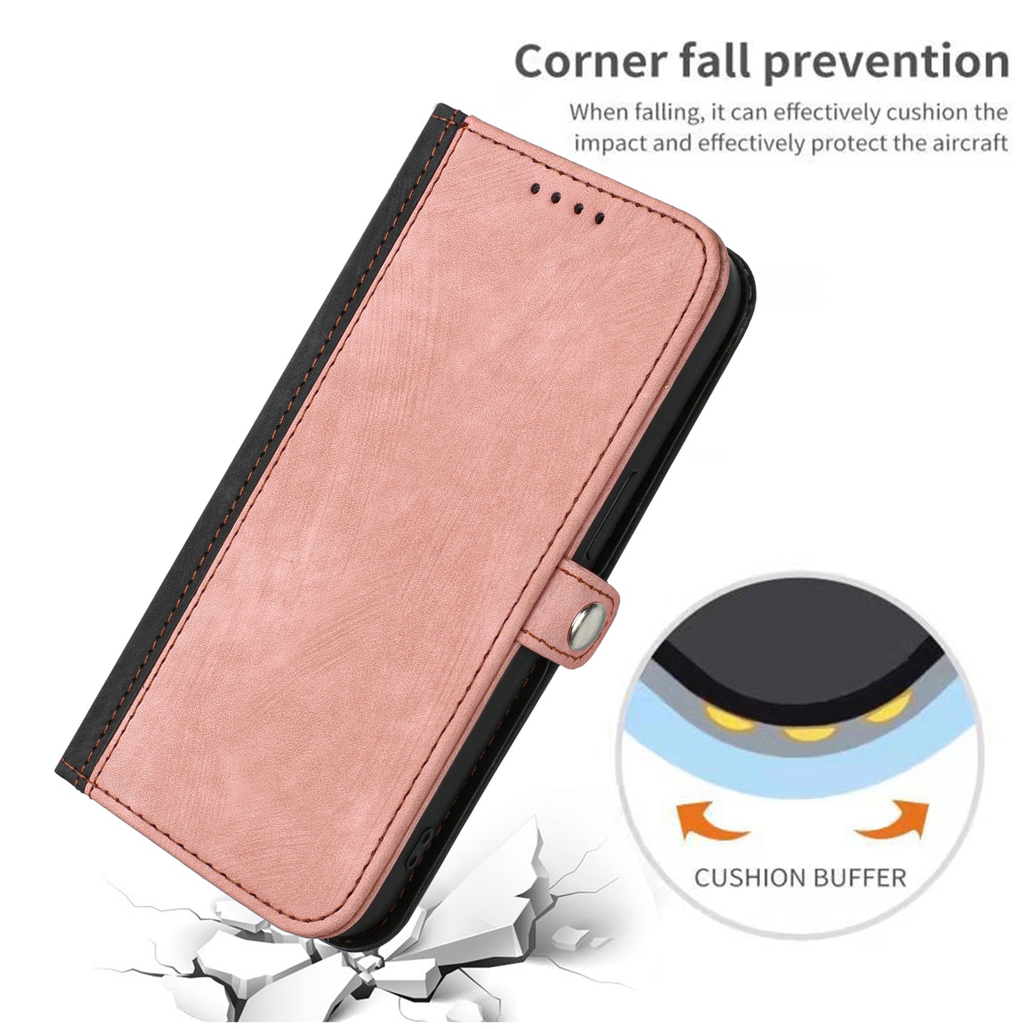 For iPhone 17 PU Leather Case with Strap Phone Cover Stand Side Magnetic Button Design - Black+Pink