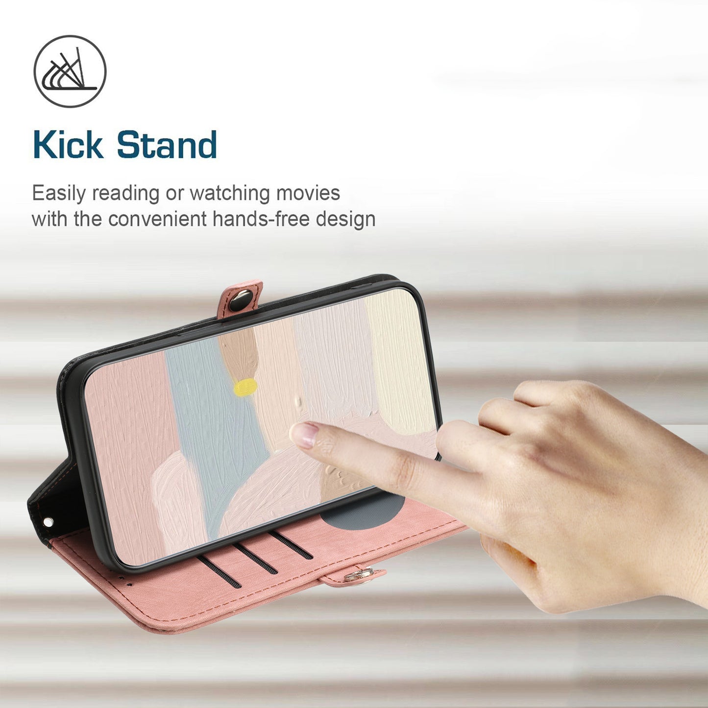 For iPhone 17 PU Leather Case with Strap Phone Cover Stand Side Magnetic Button Design - Black+Pink