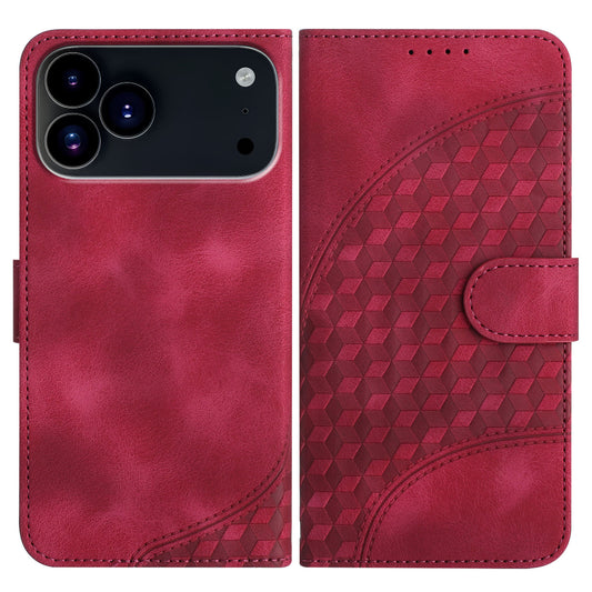 For iPhone 17 Pro Leather Case with Wrist Strap Diamond Imprint Wallet Phone Cover - Rose Red