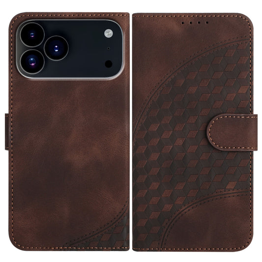 For iPhone 17 Pro Leather Case with Wrist Strap Diamond Imprint Wallet Phone Cover - Coffee