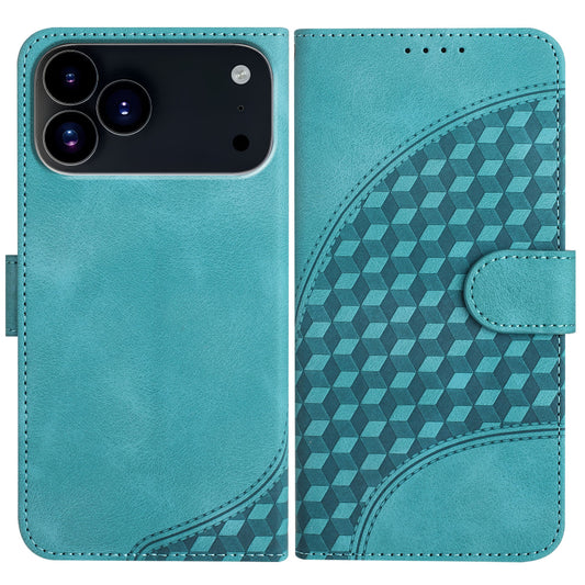 For iPhone 17 Pro Leather Case with Wrist Strap Diamond Imprint Wallet Phone Cover - Light Blue