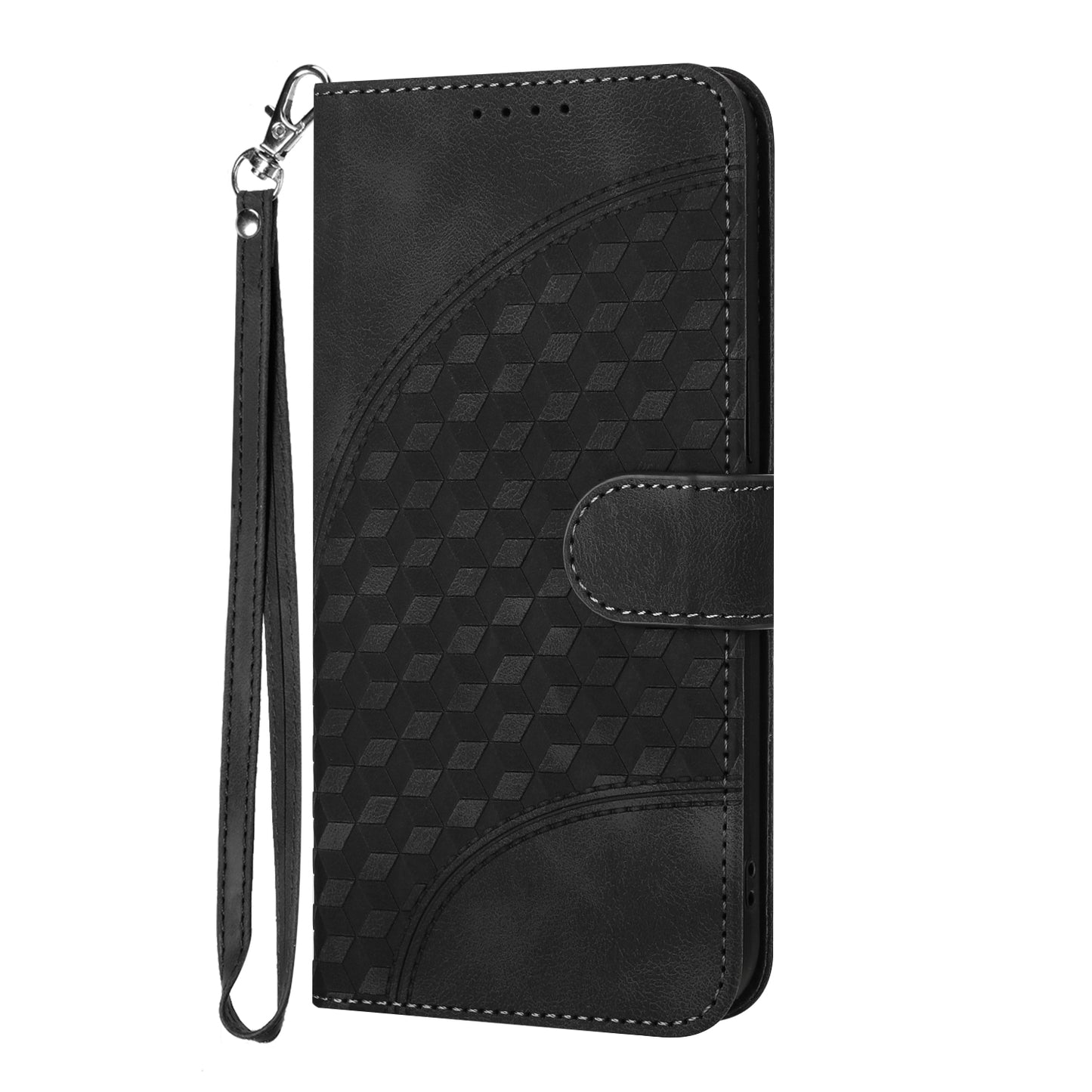 For iPhone 17 Leather Case with Wrist Strap Diamond Imprint Wallet Phone Cover - Black