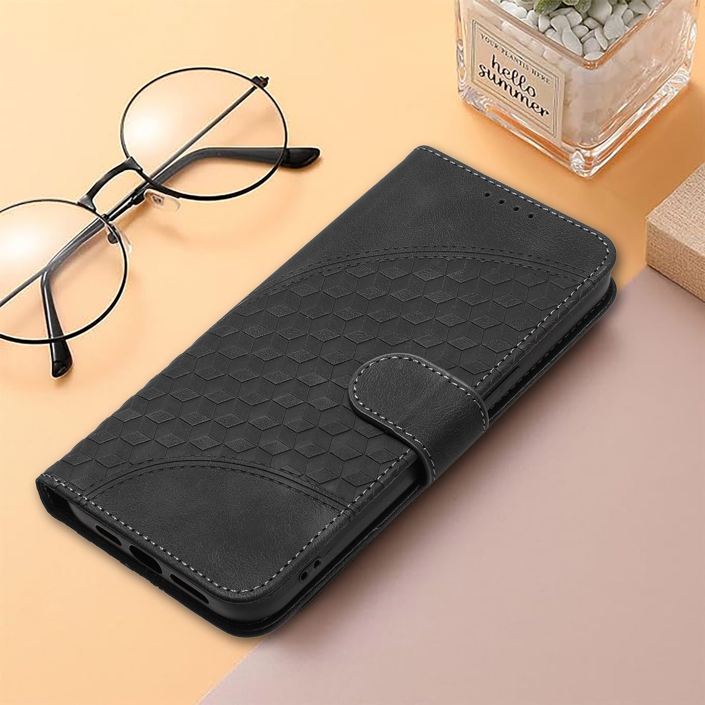 For iPhone 17 Leather Case with Wrist Strap Diamond Imprint Wallet Phone Cover - Black