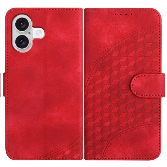 For iPhone 17 Leather Case with Wrist Strap Diamond Imprint Wallet Phone Cover - Red