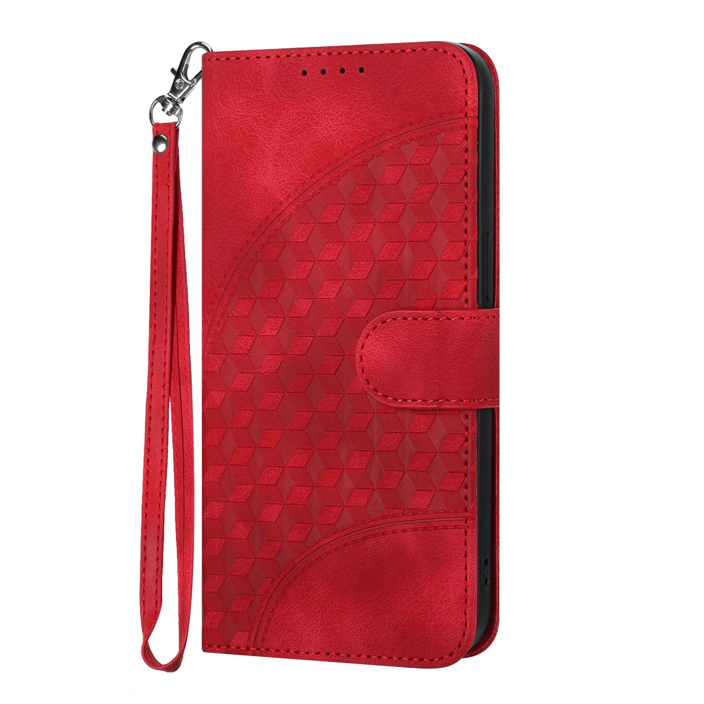 For iPhone 17 Leather Case with Wrist Strap Diamond Imprint Wallet Phone Cover - Red