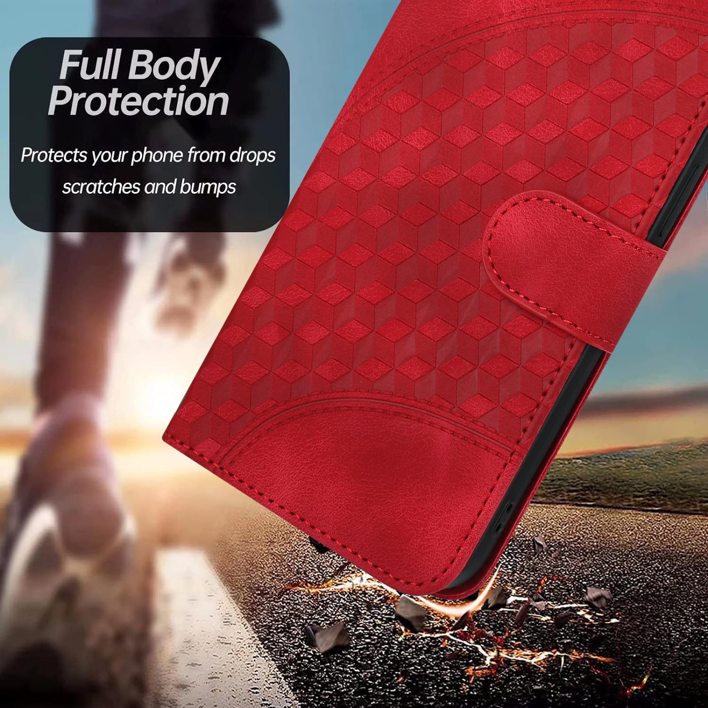 For iPhone 17 Leather Case with Wrist Strap Diamond Imprint Wallet Phone Cover - Red