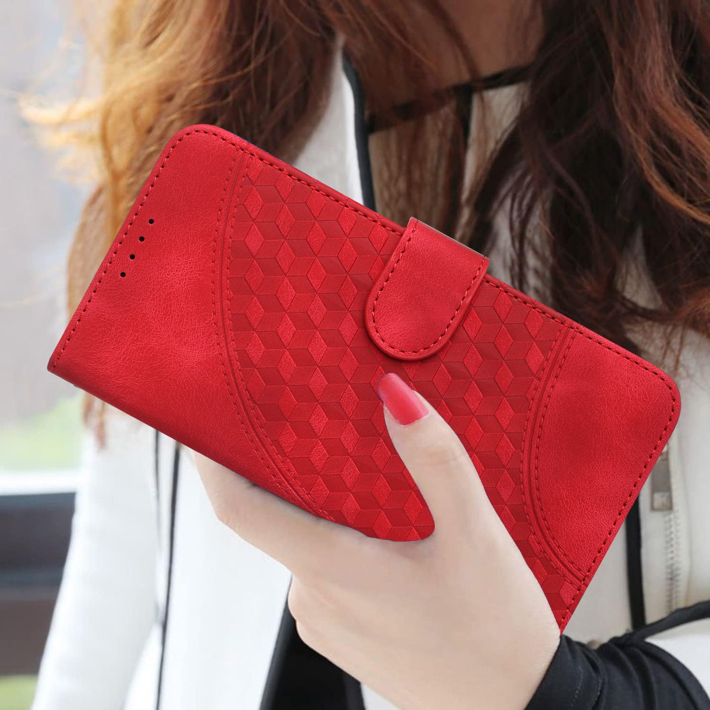 For iPhone 17 Leather Case with Wrist Strap Diamond Imprint Wallet Phone Cover - Red