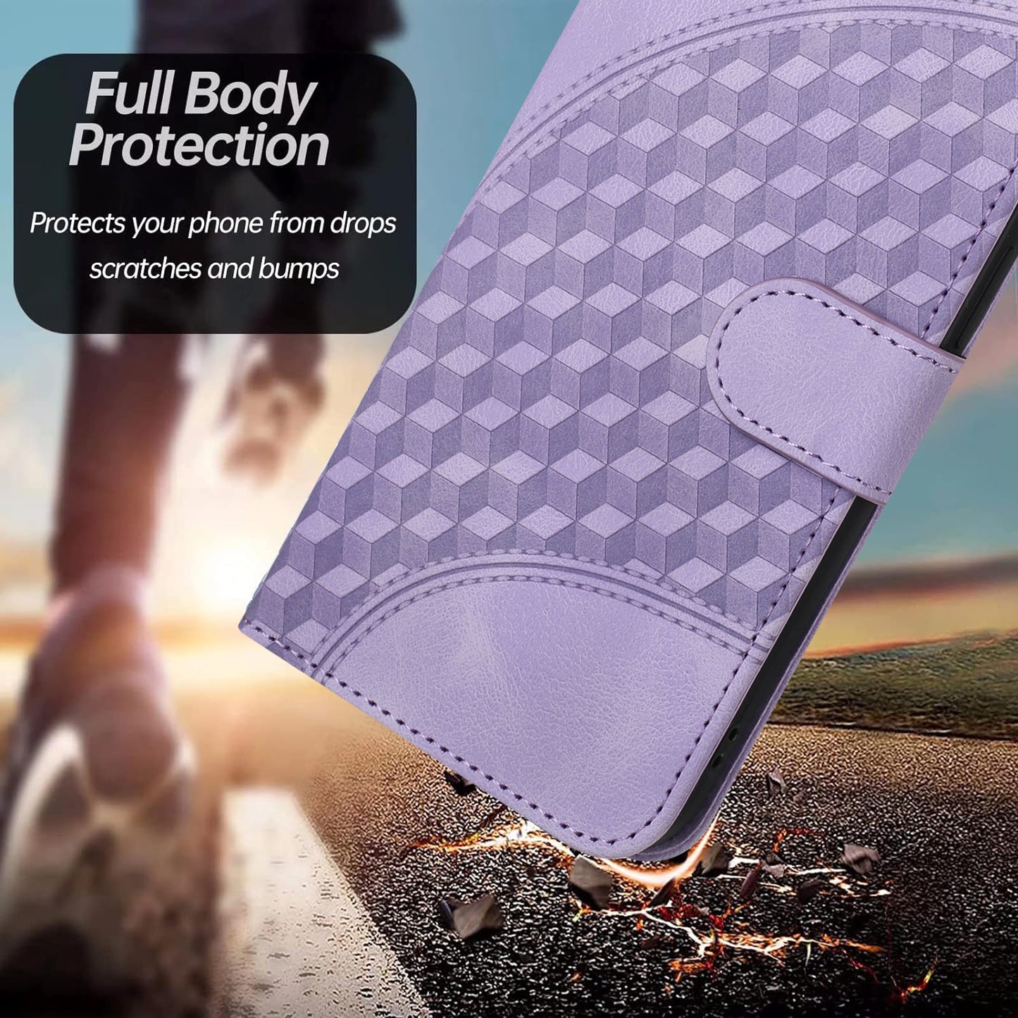 For iPhone 17 Leather Case with Wrist Strap Diamond Imprint Wallet Phone Cover - Purple