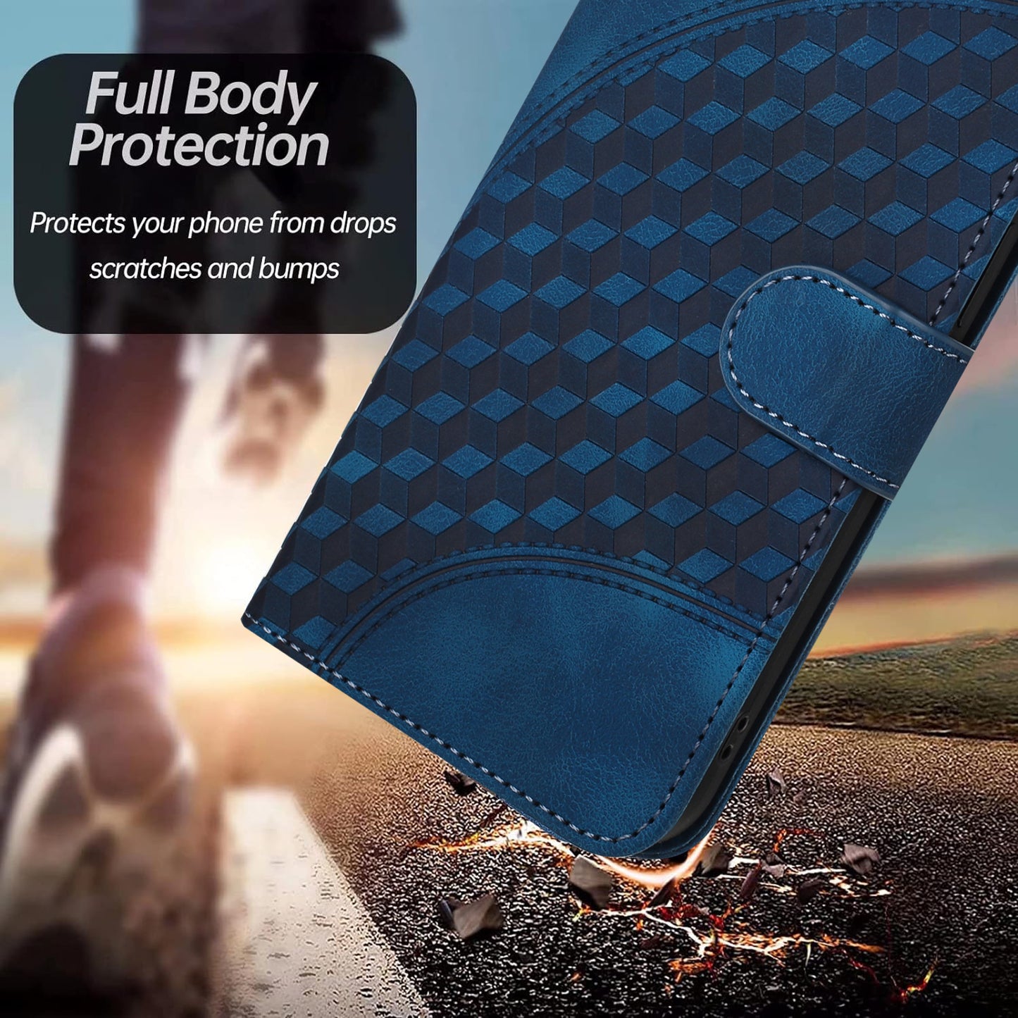 For iPhone 17 Leather Case with Wrist Strap Diamond Imprint Wallet Phone Cover - Royal Blue