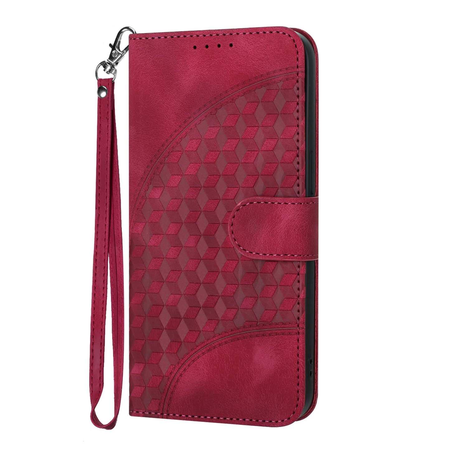 For iPhone 17 Leather Case with Wrist Strap Diamond Imprint Wallet Phone Cover - Rose Red