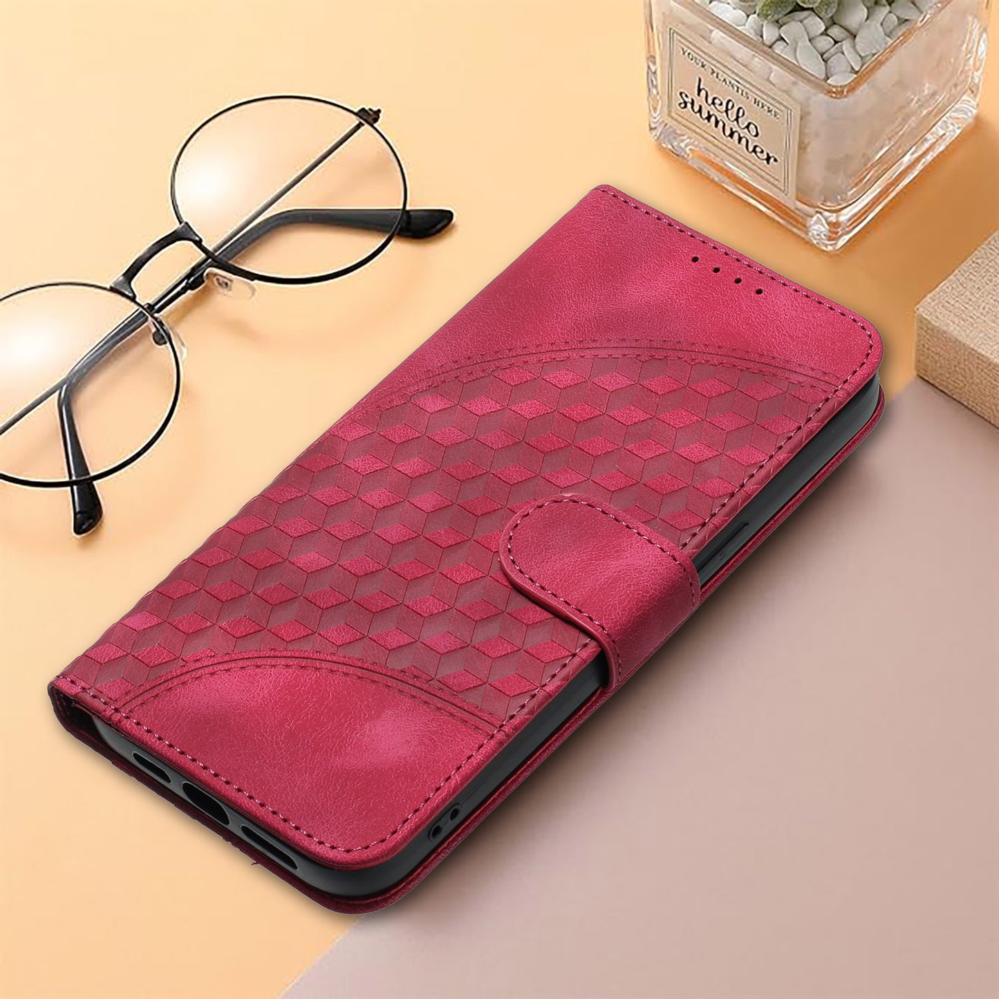 For iPhone 17 Leather Case with Wrist Strap Diamond Imprint Wallet Phone Cover - Rose Red